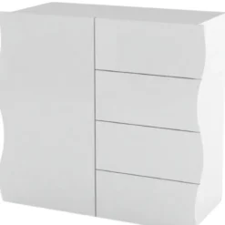 Madia Bianco Lucido con 1 Ante e 4 Cassetti Credenza in Legno da Ingresso