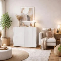 Madia con 2 Ante Bianco Lucido Credenza per Soggiorno Moderna Multifunzione