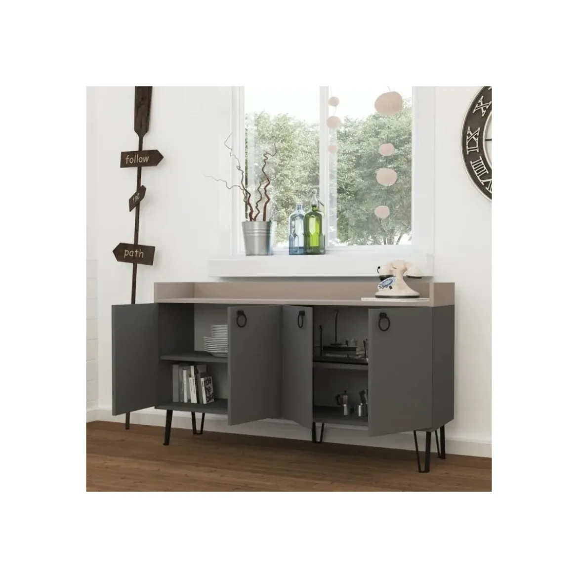 Madia per Soggiorno 4 Ante Antracite Tortora 140x36x80 cm