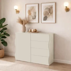 Madia Salvaspazio 1 Anta 4 Cassetti Credenza Legno Beige Cachemire
