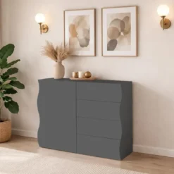 Madia Salvaspazio con 1 Anta 4 Cassetti Credenza Legno Antracite