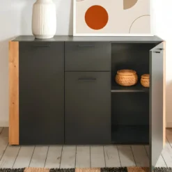 Madia Soggiorno Moderna 3 Ante 1 Cassetto Credenza Rovere Antracite