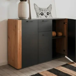 Madia Soggiorno Moderna 3 Ante 1 Cassetto Credenza Rovere Antracite