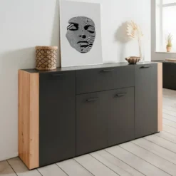 Madia Soggiorno Moderna 4 Ante 1 Cassetto Credenza Rovere Antracite