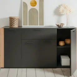 Madia Soggiorno Moderna 4 Ante 1 Cassetto Credenza Rovere Antracite