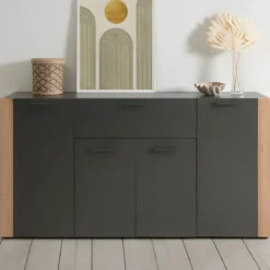 Madia Soggiorno Moderna 4 Ante 1 Cassetto Credenza Rovere Antracite