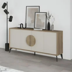Madia Soggiorno Moderna 180 cm 4 Ante Beige Struttura Noce Piedini