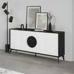 Madia Soggiorno Moderna 180 cm 4 Ante Bianco Nero Effetto Marmo Moderno