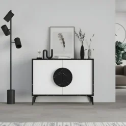 Madia Soggiorno Moderna 110 cm Bianco Nero Effetto Marmo Piedini