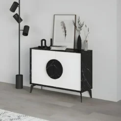 Madia Soggiorno Moderna 110 cm Bianco Nero Effetto Marmo Piedini