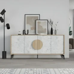 Madia Soggiorno Moderna 180 cm Rovere 4 Ante Effetto Marmo Piedini