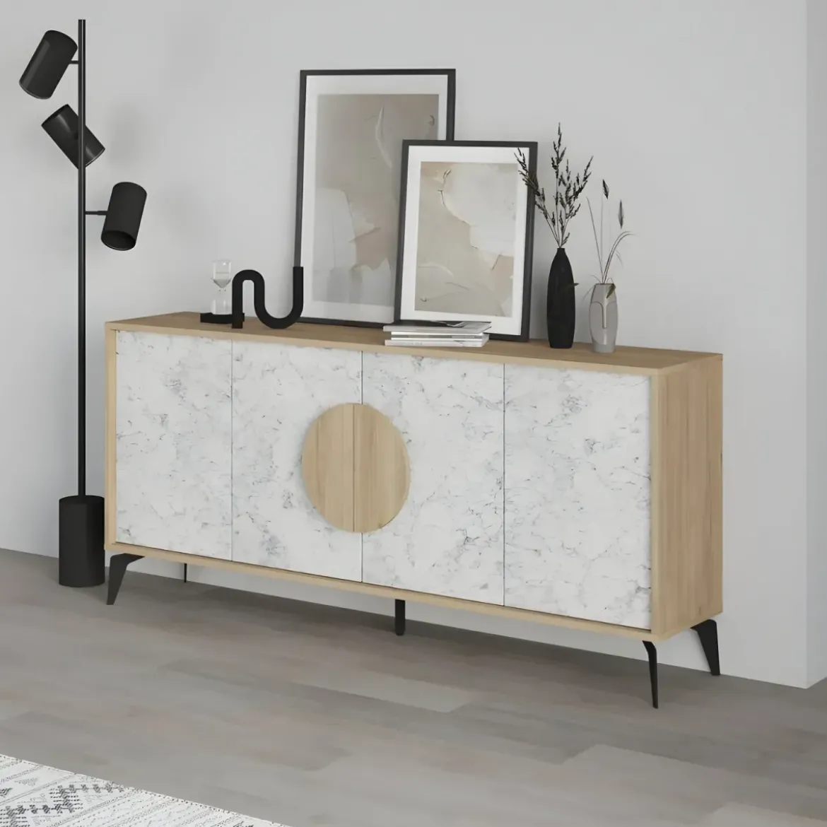 Madia Soggiorno Moderna 180 cm Rovere 4 Ante Effetto Marmo Piedini