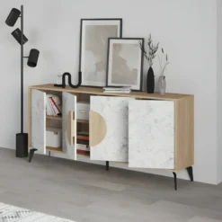 Madia Soggiorno Moderna 180 cm Rovere 4 Ante Effetto Marmo Piedini