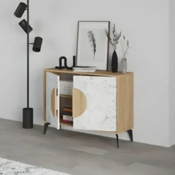Madia Soggiorno Moderna 110 cm Rovere Bianco Effetto Marmo Piedini