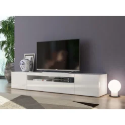 Mobile 200 Basso Bianco Moderno Porta TV Soggiorno con 2 Ante Ribalta