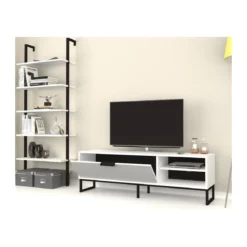 Mobile Basso Porta TV 140 Bianco Anta Ripiani Libreria Parete in Legno Moderno