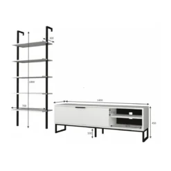 Mobile Basso Porta TV 140 Bianco Anta Ripiani Libreria Parete in Legno Moderno