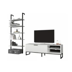 Mobile Basso Porta TV 140 Bianco Anta Ripiani Libreria Parete in Legno Moderno