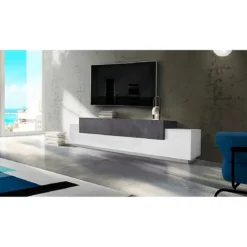 Mobile Bianco Grigio Basso con Ante a Ribalta 240 cm Porta TV Credenza