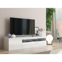 Mobile Bianco Moderno Porta TV 155 Basso Soggiorno con Anta Ribalta Legno