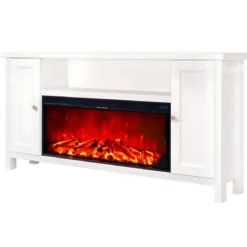 Mobile Camino Elettrico 1500W Rustico da Soggiorno Bianco Fiamma Arancione