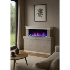 Mobile con Camino Elettrico 1500W Beige Effetto Pietra Moderno da Salotto