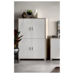 Mobile Credenza 4 Ante Olmo Bianco Lucido Buffet Moderna Dispensa Sala Soggiorno