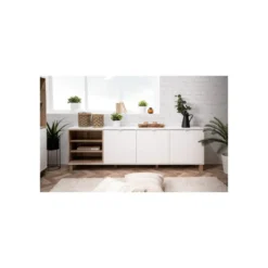 Mobile Credenza 200 cm 3 Ante in Legno Bianco e rovere Naturale Madia Soggiorno