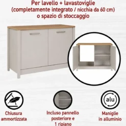 Mobile da Cucina per Lavello Lavastoviglie Modulare Beige Rovere 2 Ante