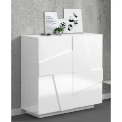 Mobile da Ingresso Bianco Lucido Scarpiera con 2 Ante Battenti in Legno