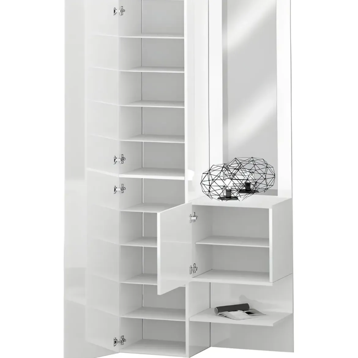 Mobile da Ingresso con Scarpiera con Specchio Bianco Lucido 2 Pezzi
