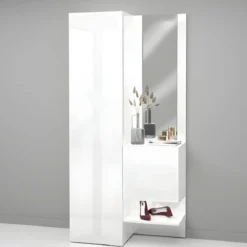 Mobile da Ingresso con Scarpiera con Specchio Bianco Lucido 2 Pezzi