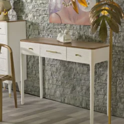Mobile da Ingresso in Legno Bianco con 3 Cassetti Piano Marrone
