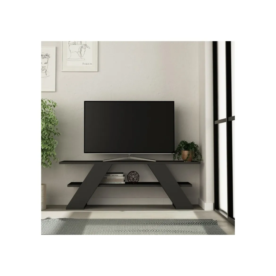 Mobile da Salotto Porta TV Basso in Legno Antracite con Ripiani Salvaspazio Sala