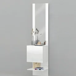 Mobile Ingresso con Specchio e Anta Bianco Laccato Moderno Salvaspazio