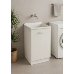 Mobile Lavatoio con Anta in Legno Bianco Frassinato per Lavanderia