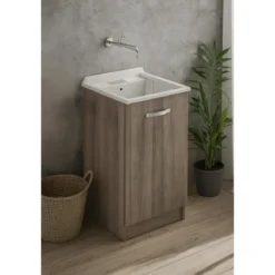 Mobile Lavatoio con Anta in Legno Olmo per Lavanderia Vasca Resina