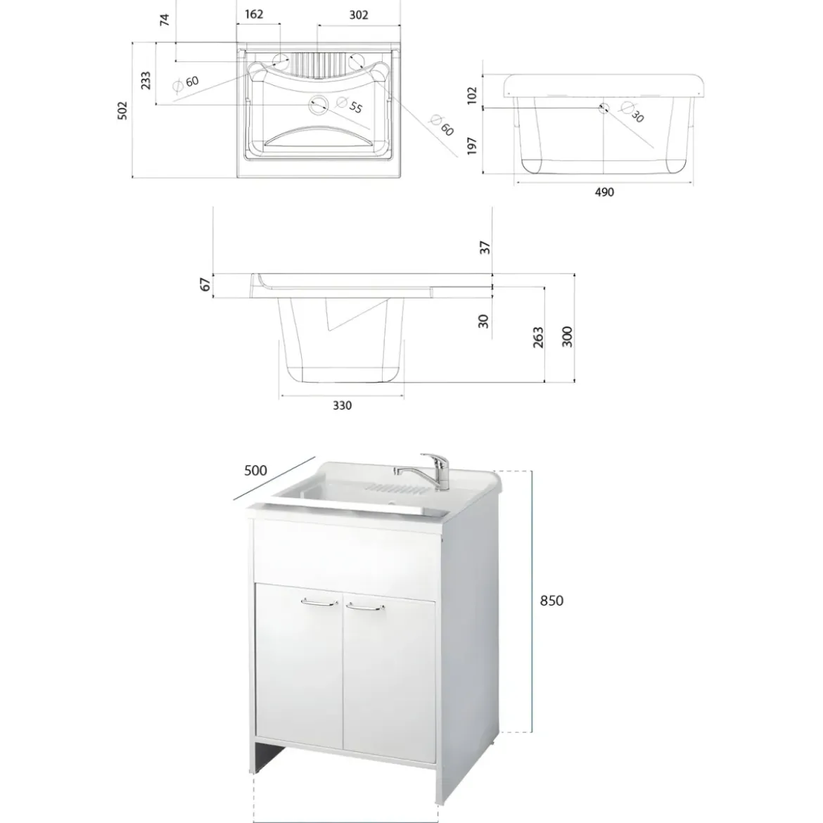 Mobile Lavatoio 60x50x85 cm con Pensile 60x34x52 cm 2 Ante