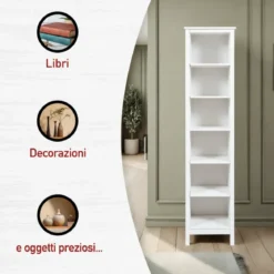 Mobile Libreria Soggiorno Camera Alta in Legno MDF Bianco 6 Ripiani