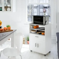 Mobile Portaforno con Ruote Legno Bianco Salvaspazio Cassetto 2 Ante