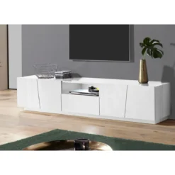 Mobile Porta TV Bianco con 4 Ante 220 cm Madia Bassa per Soggiorno