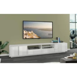 Mobile Porta TV Bianco Laccato 260 cm Madia Bassa per Soggiorno