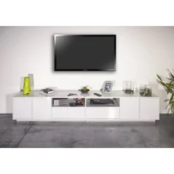 Mobile Porta TV Bianco Laccato 260 cm Madia Bassa per Soggiorno