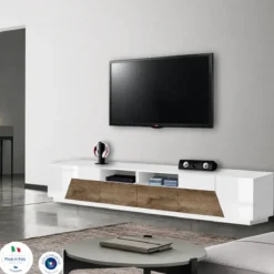 Mobile Porta TV 260 cm Bianco Laccato Acero 4 Ante 2 Cassetti Legno
