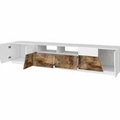 Mobile Porta TV 260 cm Bianco Laccato Acero 4 Ante 2 Cassetti Legno