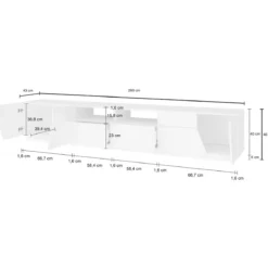Mobile Porta TV 260 cm Bianco Lucido Laccato 4 Ante 2 Cassetti Legno