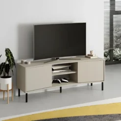 Mobile Porta TV Curvo 150 cm con 2 Ante Battenti 2 Vani a Giorno Beige