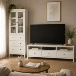 Mobile Porta Tv da Pavimento Bianco 3 Cassetti Vani a Giorno Soggiorno