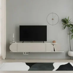 Mobile Porta TV Sospeso Doppia Anta a Ribalta Vano Laterale Beige
