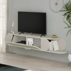 Mobile Porta TV Sospeso Doppia Anta a Ribalta Vano Laterale Beige